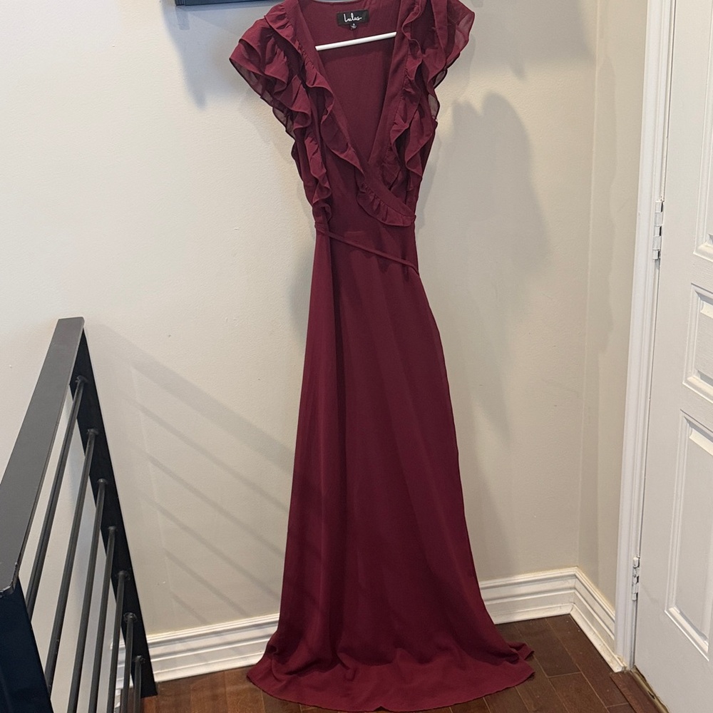 Lulu's Burgundy Ruffle Cross Tie Maxi Dress